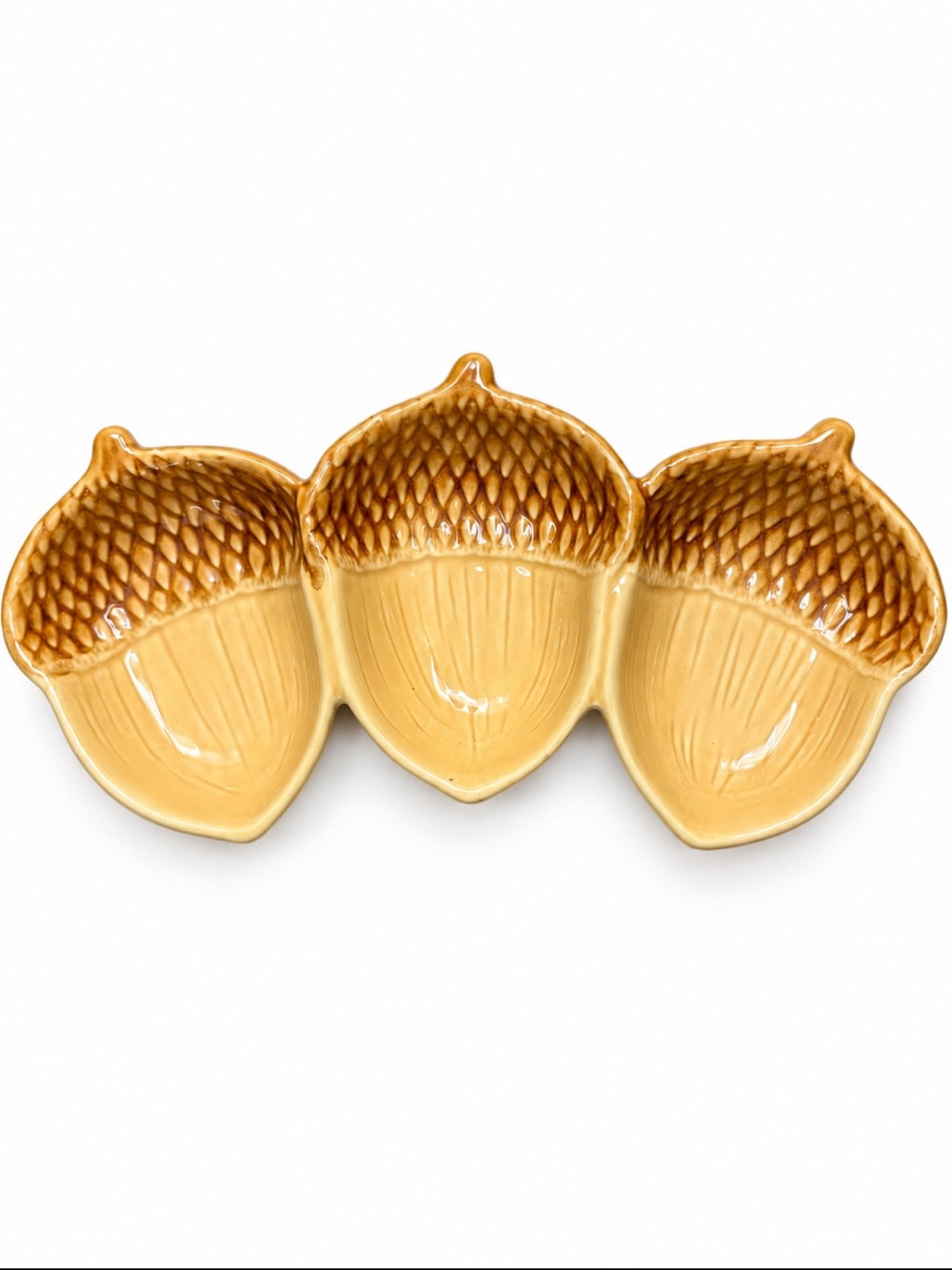 Harvest Triple Acorn Ceramic Serving Dish Fall Thanksgiving Snack Bowl 3 Section